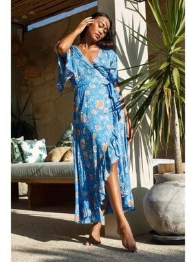 The Fox and the Mermaid || Bohemian Jodoh Maxi Wrap Dress Floral Ruffle Blue